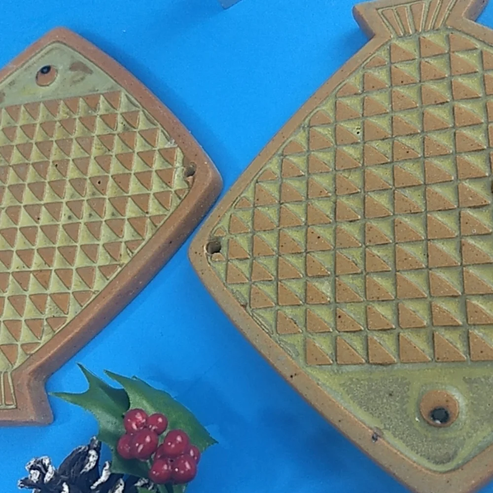 1970s Handmade Fire glazed fish pottery set OF 2 Fish Shaped Trivets